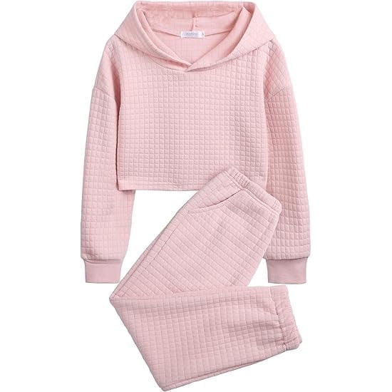 Arshiner Girl's 2 Piece Outfit Solid Waffle Long Sleeve Pullover Hooded Sweatshirt and Sweatpants Knit Sets Cute Child Tracksuits