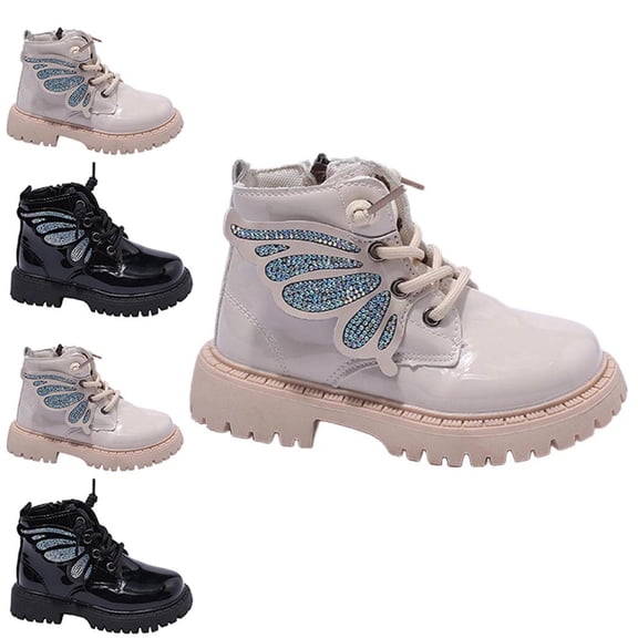 Afuyipoi Girls' Rhinestone Butterfly Wing Dress Boots Faux Leather Fashion Performance Short Boots Size 9.5 Little Kid - 2 Big Kid White Size 13 Little Kids