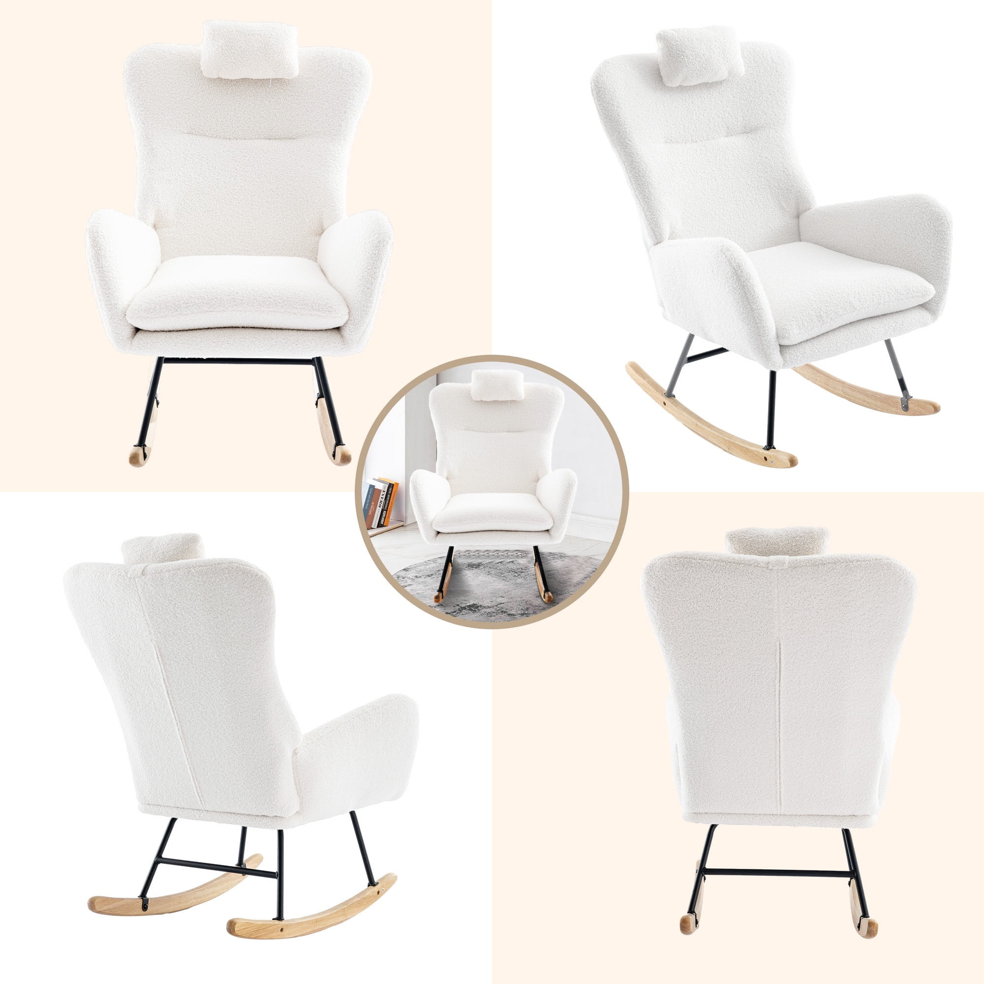 PAPROOS Modern Teddy Fabric Rocking Chair, Accent Rocker Chair with High Backrest for Nursery, Accent Glider Rocker for Living Room Bedroom Playroom, White