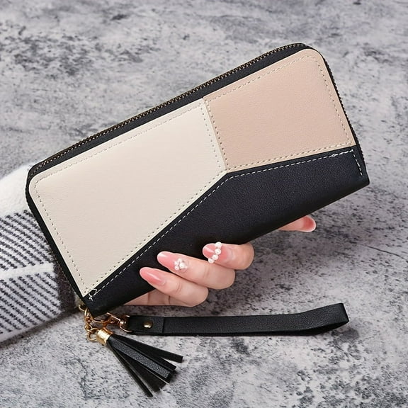 Fashion Color-Block Long Wallet, Zipper Around Coin Purse, Large Capacity Credit Card Holder Fashion Unisex Bag, Suitable for Daily Use