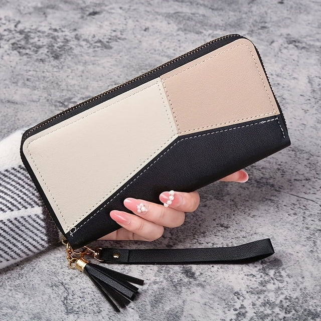 Trendy Colorblock Long Wallet, Zipper Around Coin Purse, Large Capacity Credit Card Holder Trendy Unisex Bag for Daily Use