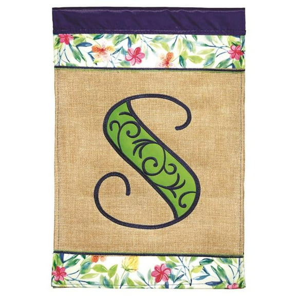 Magnolia Gardens M030088 13 x 18 in. Double Applique Monogram S Spring Burlap & Print Garden Flag