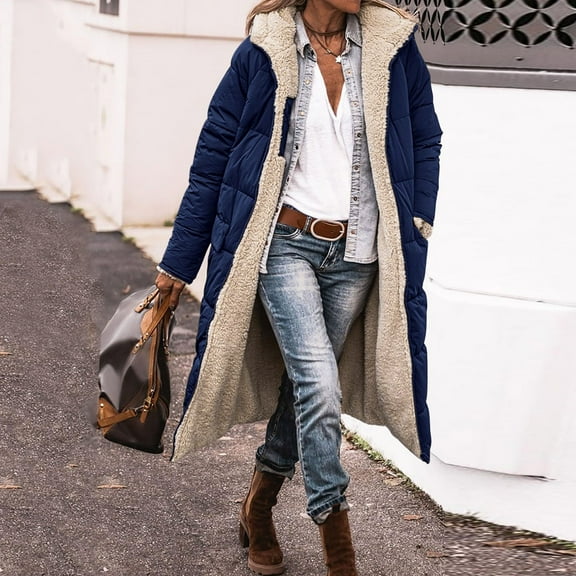 Rrunsv Womens Full Zipper Hooded Puffer Jacket Long Winter Coats with Pockets(Navy,S)