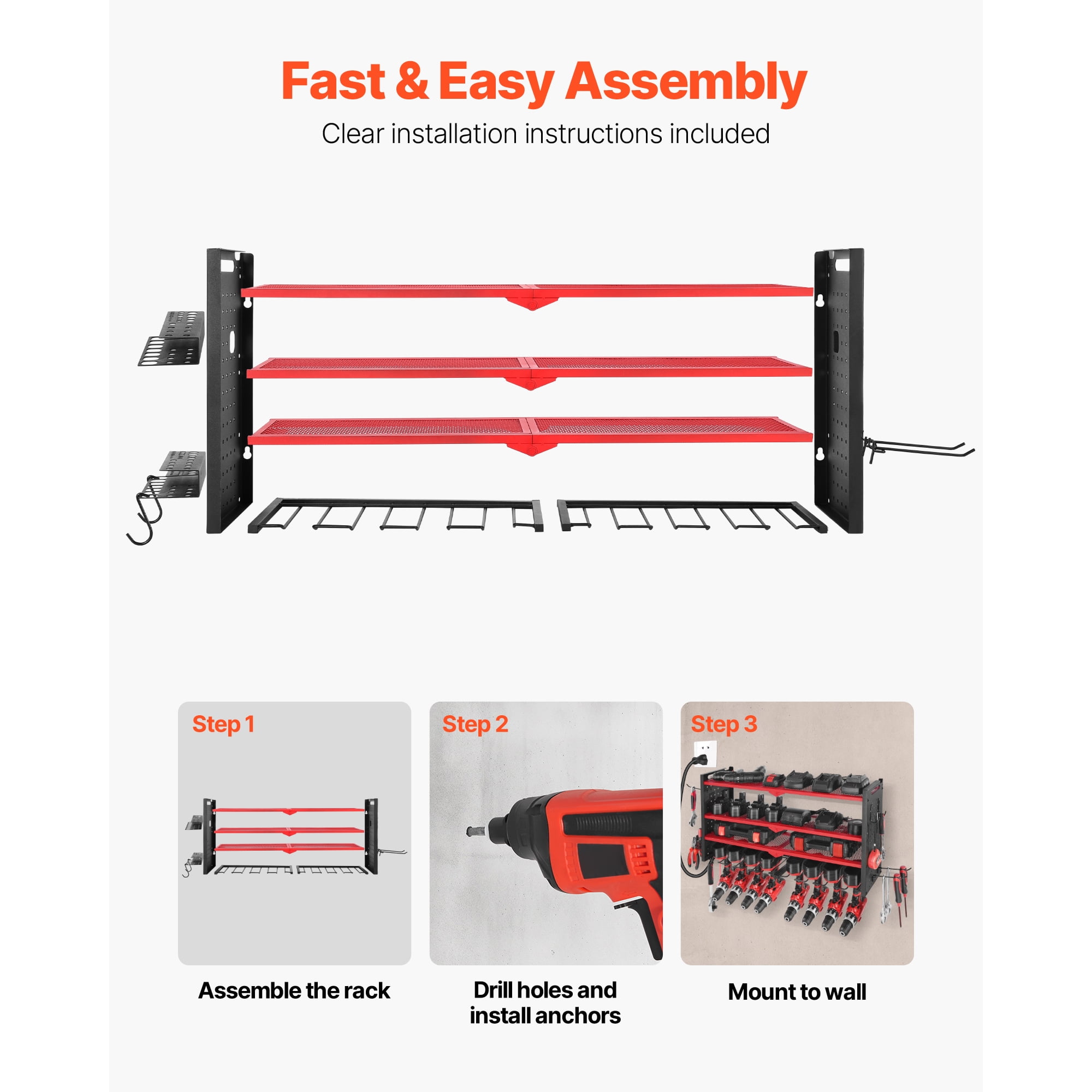 KFFKFF Wall-Mounted Power Tool Organizer, 4-Tier Storage Rack with 8 Drill Slots, Tool Holder and Rack with Side Pegboards, Ideal for Garage, Workbench, and Workshop Organization