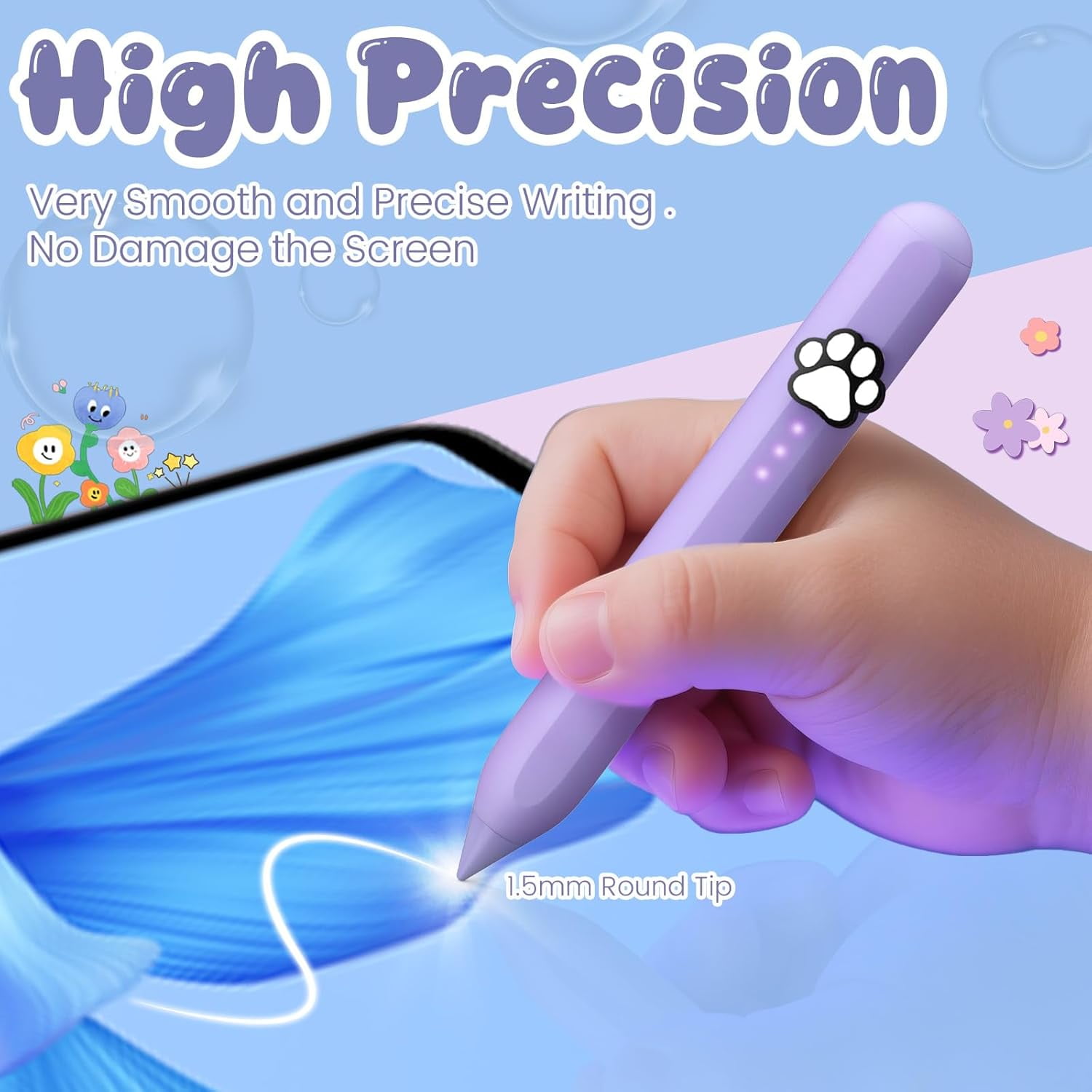 Stylus Pen for iPad 2018-2025, Kids-Friendly Magnetic Pen for iPad with Fast Type-C Charging, Palm Rejection & Tilt Support, 1.5mm High Precision Tip, Purple