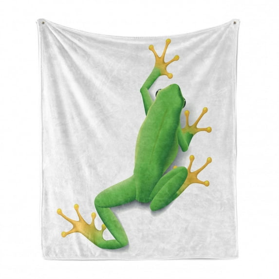 Animal Soft Flannel Fleece Blanket, Illustration of a Frog from Behind Little Paws Tropic Nature Wildlife Modern, Cozy Plush for Indoor and Outdoor Use, 60" x 80", Green White Yellow, by Ambesonne