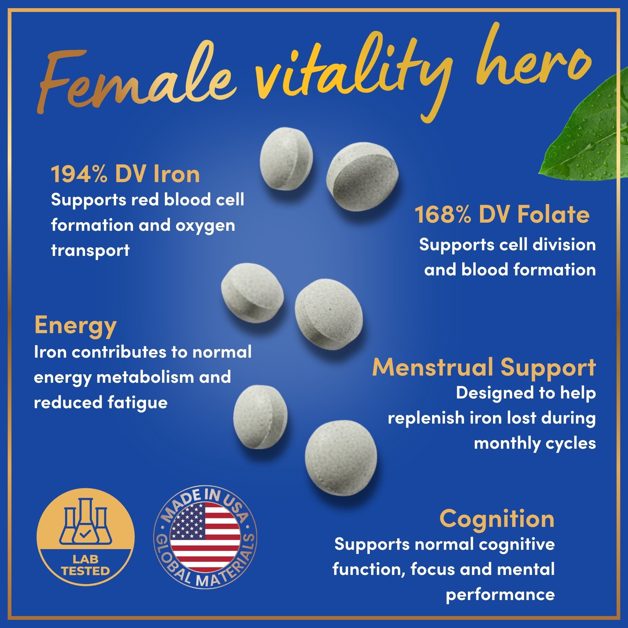 Iron and Folic Acid Supplements for Women - 35mg Gentle Iron Vitamin, Folic Acid 400mcg - Anemia, Period, Pregnancy Support Supplement, Ferrous Sulfate Pills - 180 Vegan Non-Constipating Tablets