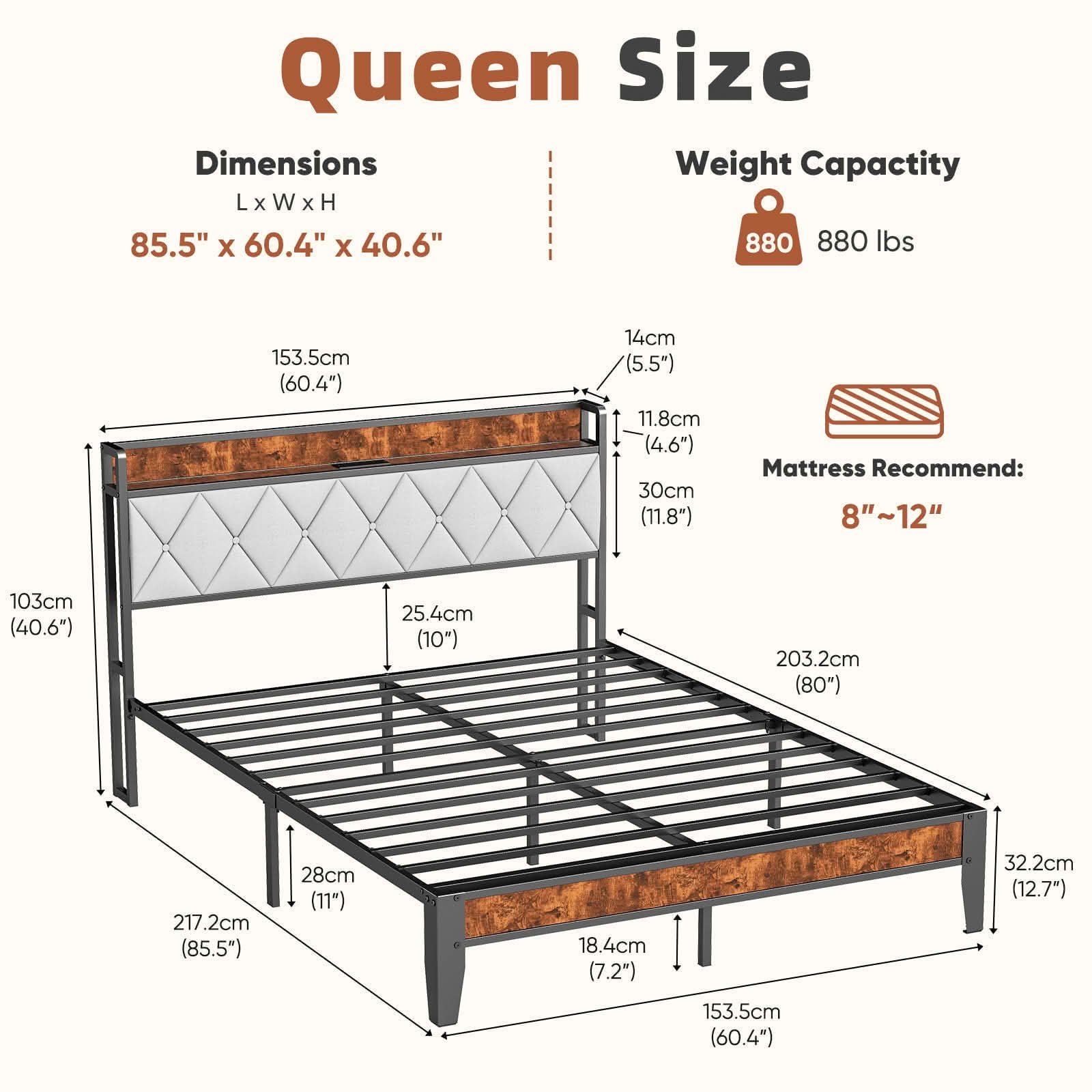 MAYEERTY Queen Size Iron Frame Bed with Soft-Padded Headboard Storage and Charging Port