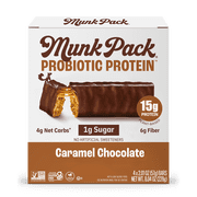 MUNK PACK Probiotic Protein™ Bars - Caramel Chocolate - 15g Protein - Low Sugar - High-Fiber Vegan Snacks - 4 Count Box