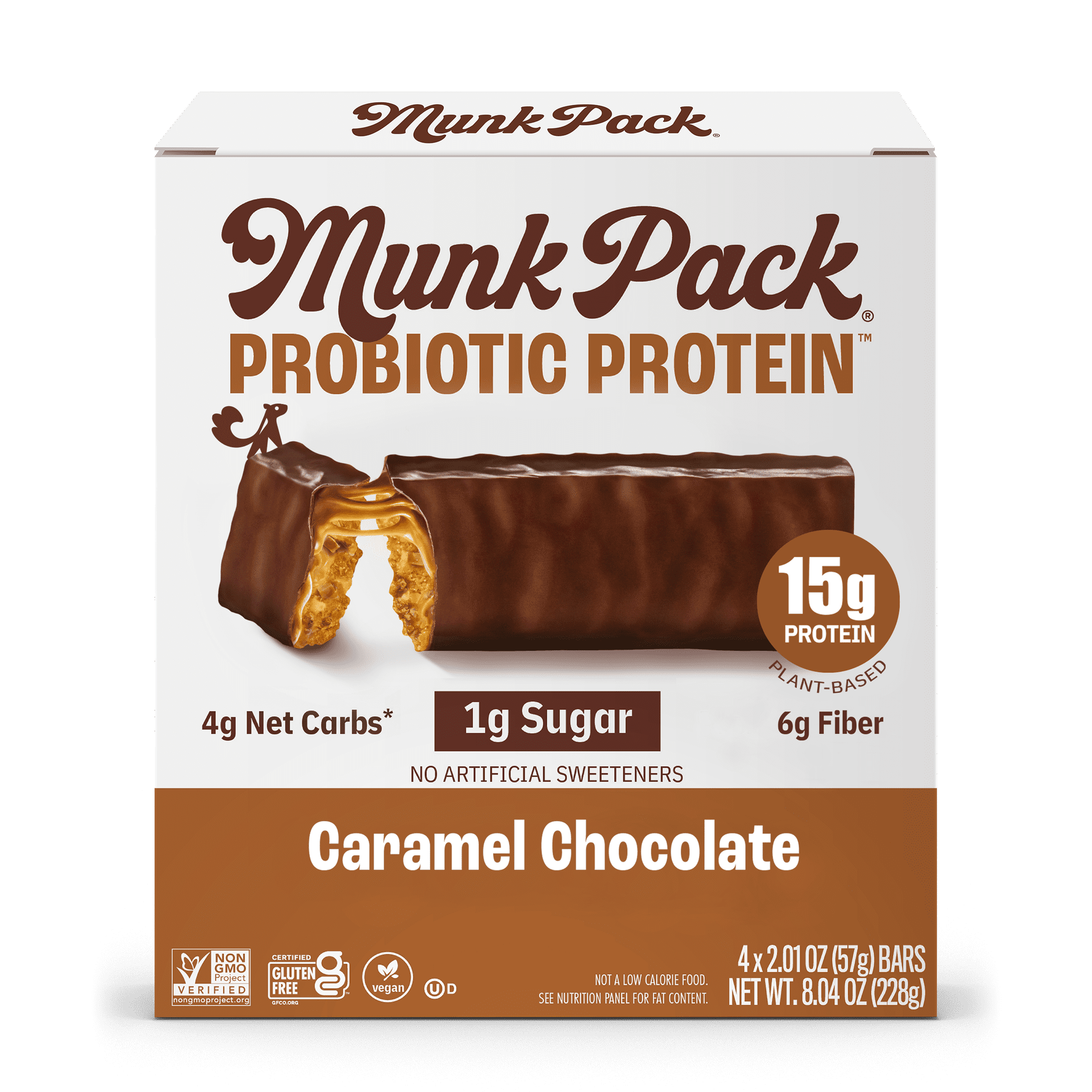 MUNK PACK Probiotic Protein™ Bars - Caramel Chocolate - 15g Protein - Low Sugar - High-Fiber Vegan Snacks - 4 Count Box