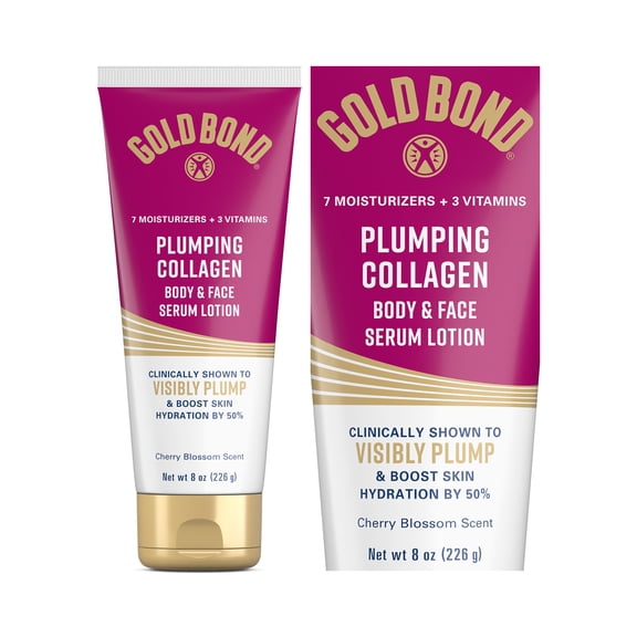 Gold Bond Plumping Collagen Body and Face Serum Lotion, Lightweight Hydrating Moisturizer with Collagen Peptide Complex, Jojoba and Grapeseed Oils to Visibly Plump Skin, Cherry Blossom Scent, 8 oz