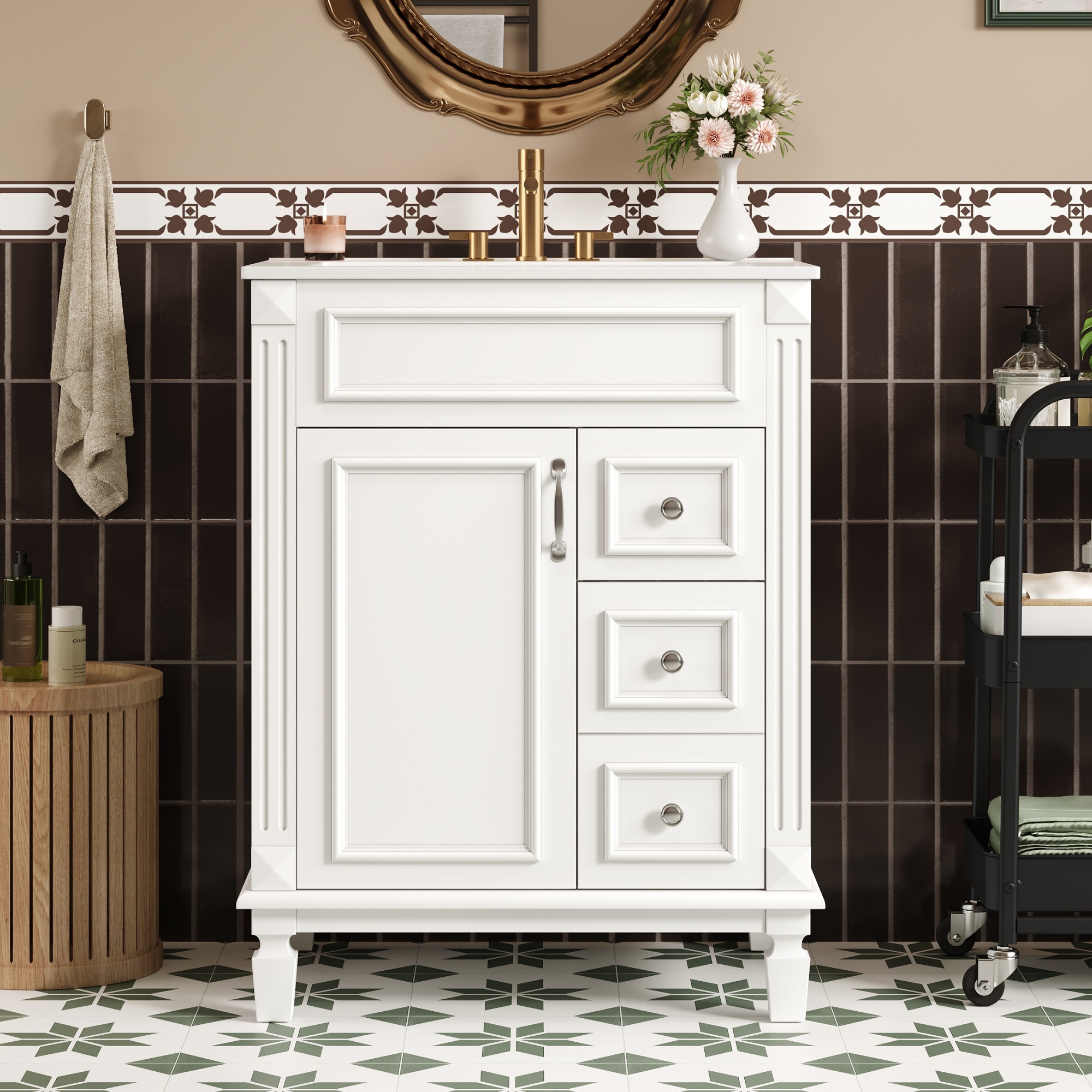 Euroco 24" Bathroom Vanity with Ceramic Sink, Small Bathroom Sink Cabinet, Modern Cabinet with 2 Drawers and Adjustable Shelf