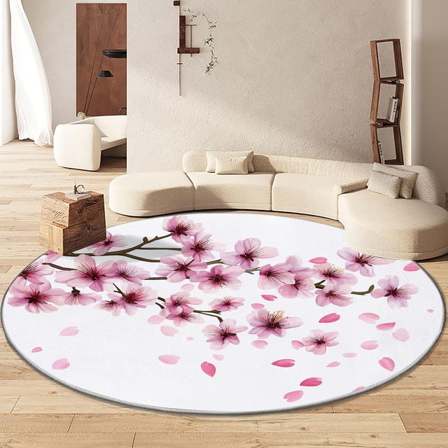Round Rugs 4' x 4' Washable Round Area Rug, Watercolor Plants and Flowers Non-Slip Circle Rugs Low-Pile Floor Carpet, Soft Light Printed Rug for Living Room Bedroom