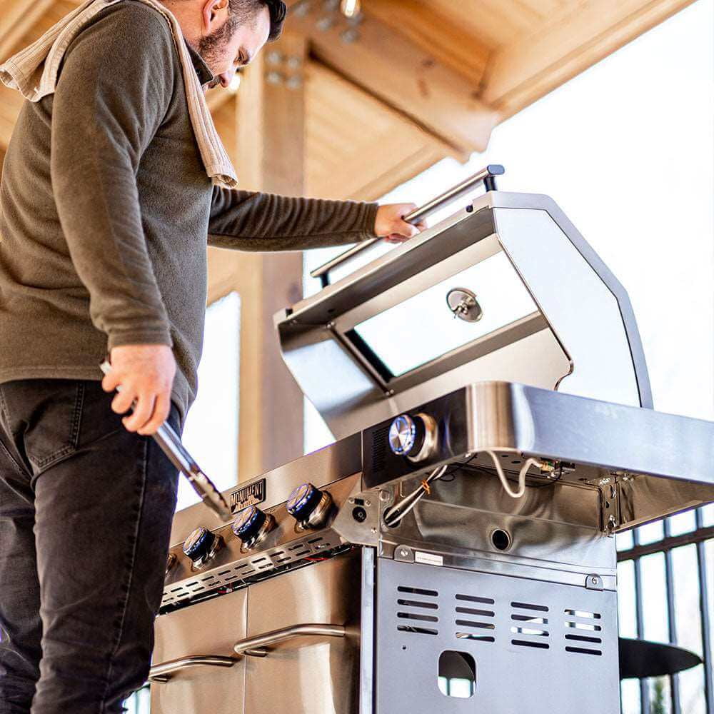 Monument Grills 4-Burner Natural Gas Grill in Stainless with Clear View Lid, LED Controls, Grill Cover, and Side Burner