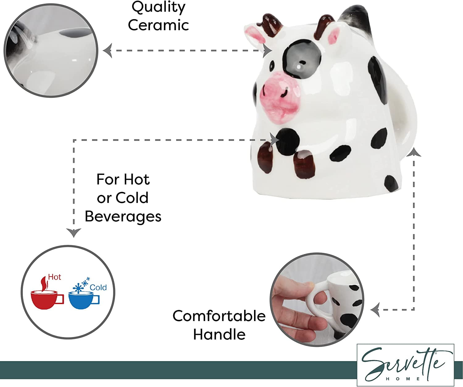 Servette Home Ceramic Cute Upside Down Espresso Mini Coffee Mug Set of 3-Cow
