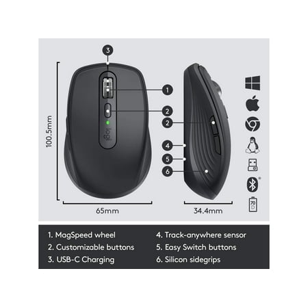 Logitech - MX Anywhere 3 Wireless Bluetooth Fast Scrolling Mouse with Customizable Buttons - Graphite