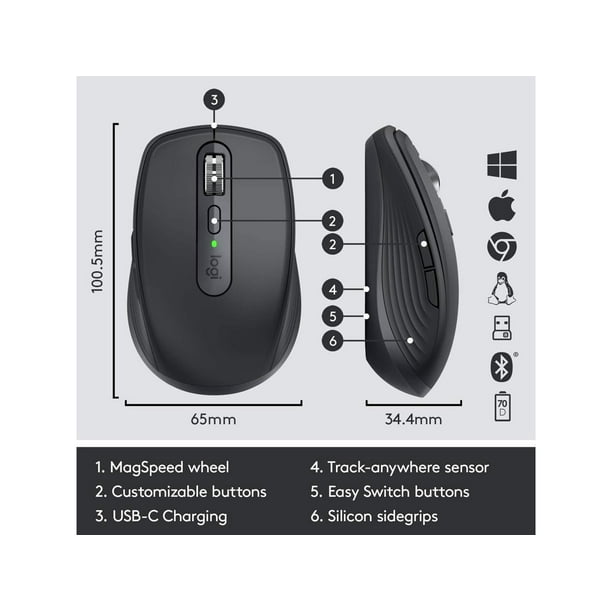 Logitech MX Anywhere 3 Compact Performance Mouse, Wireless, Fast Scrolling, Any Surface, Portable, 4000DPI, Customizable Buttons, USB-C, Bluetooth - Black Walmart.com