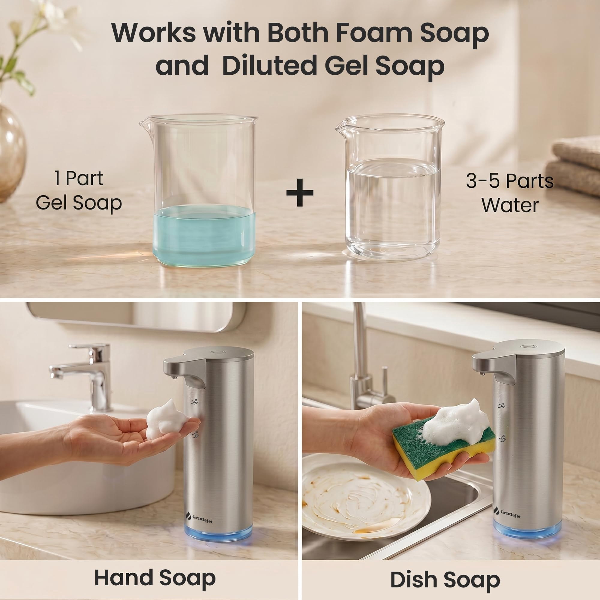 GentleJet EasyFoam Automatic Foaming Soap Dispenser  Touchless Sensor, USB-C Rechargeable, 304 Stainless Steel, IPX5 Waterproof for Bathroom Kitchen Sink, 280 ml