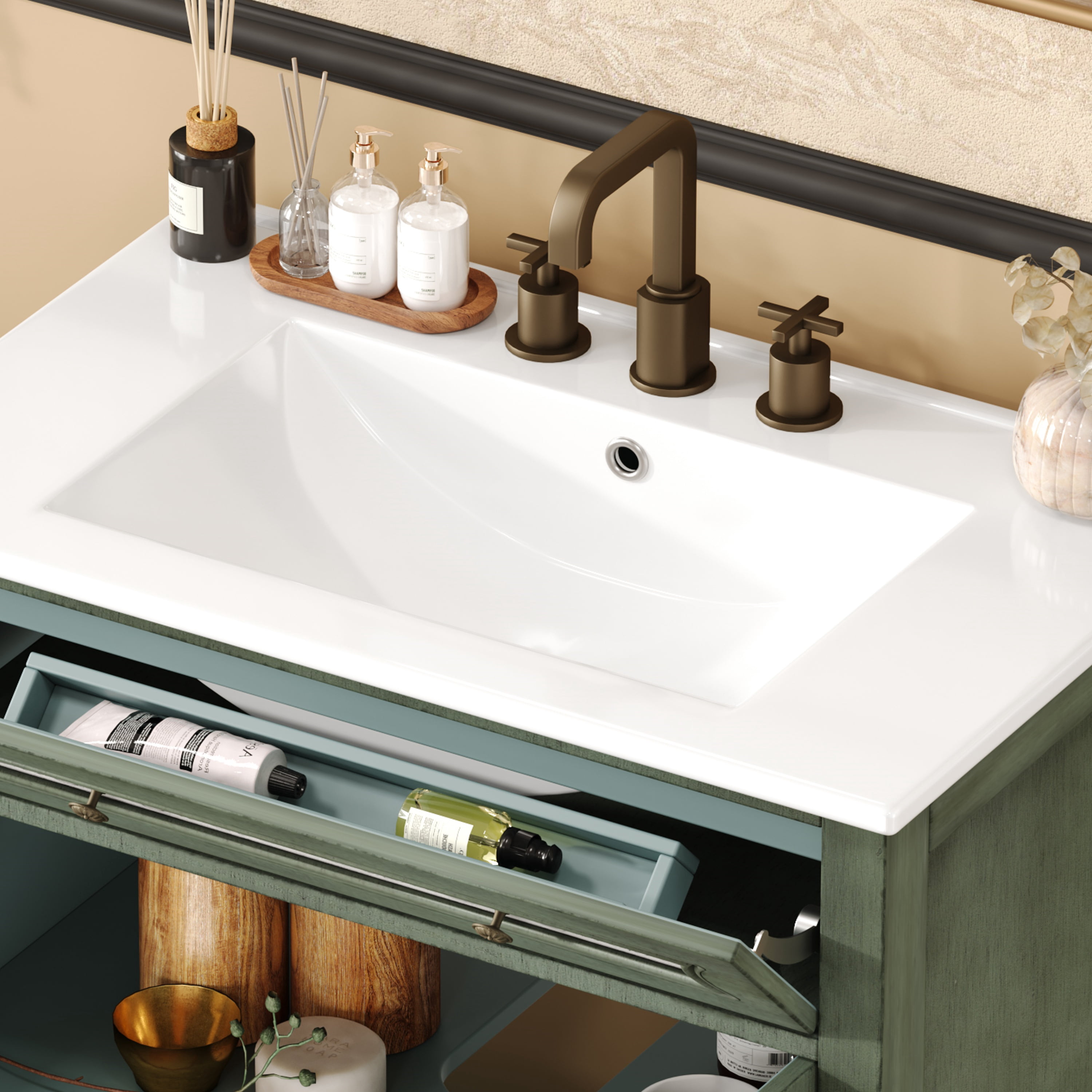 Euroco 30" Antique Pattern Bathroom Vanity in Antique Green + Blue is a stunning blend of vintage elegance and modern practicality