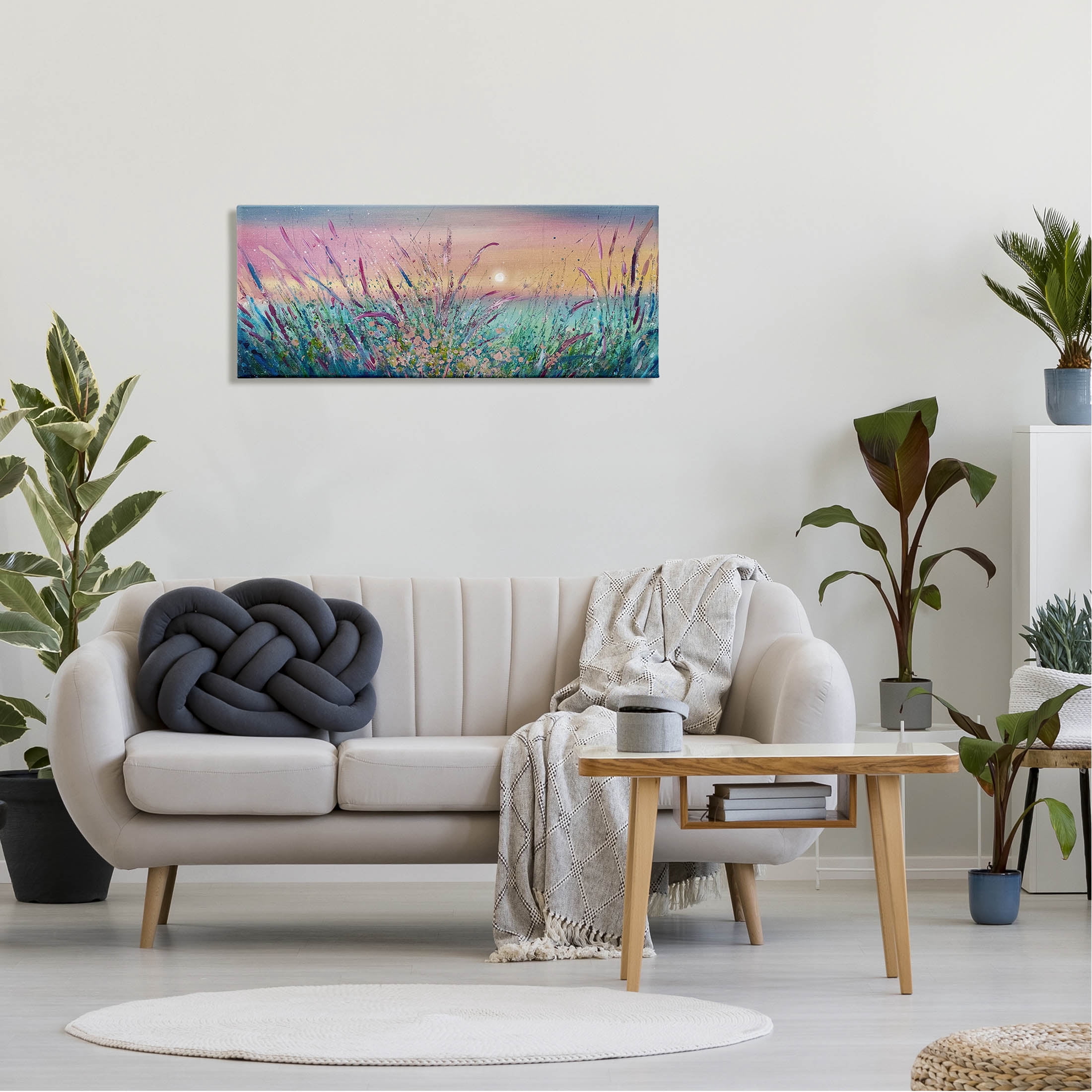 Sunset Sky Pond Reeds Sprouting Landscape Painting Gallery Wrapped Canvas Print Wall Art