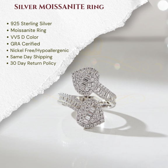 King of Bling's Womens 925 Silver White 2.00ct VVS 'D' Moissanite Tinny Heart Rings Size 8