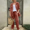 thumbnail image 2 of Caywon Women Solid Color Casual Loose Linen Shirt and Pants Set Breathable Summer Comfortable Matching Outfit Orange2# XL, 2 of 5