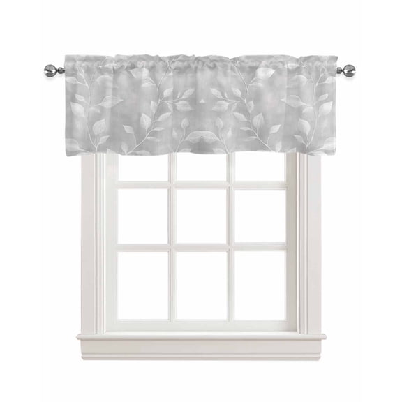 Silver Gray Leaves Kitchen Valances for Windows Farmhouse Linen Window Valance Curtain for Living Room Window Treatment Modern Abstract Botanical Branches Valance Rod Pocket Topper, 54 x 18 Inch