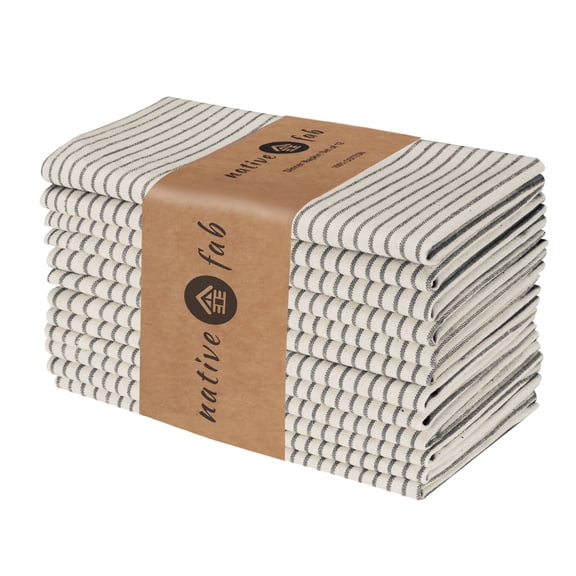 Native Fab Reusable Black Beige Stripe Dinner Cloth Napkin Set of 12 Cotton 18x19