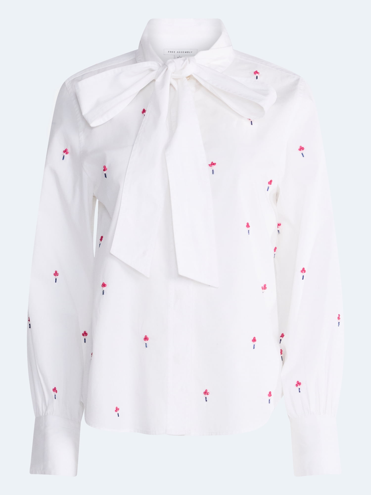Free Assembly Women's and Women's Plus Beaded Tie Neck Cotton Shirt with Long Sleeves, Sizes XS-4X