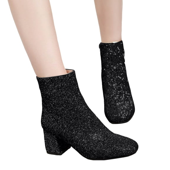 Womens Ankle Boots Glitter Round Toe Block Heel Zipper Winter Fall Booties Sequin Wedding Prom Dress Short Boots Black Size 7