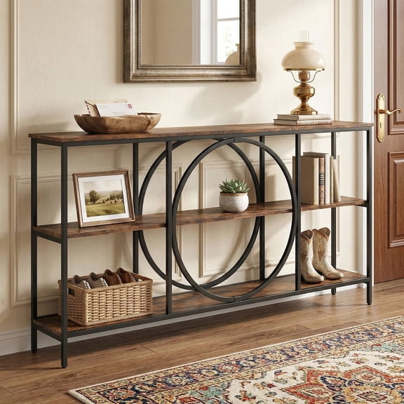 Kadyn 3-Tier Console Table with Faux Marble Top and Storage Shelves, Entryway Table for Hallway, Living Room, Rustic Brown