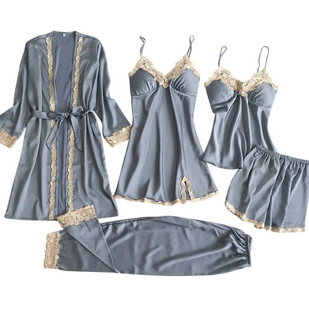 VISALY 5 piece pajama set for Women s Loungewear Sets Women s Satin Pajamas Set 5-Piece Pajamas Imitation Silk Womens Sleepwear Set Matching Sets Women Clothing 5-Piece | A - Grey XL
