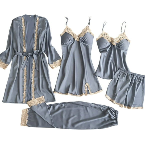 Wedfrse Womens Pajama Sets,Silk Pajamas,Ladies Satin Pajamas Set 5 Piece Pajamas Silk Like Lace Paneled Sexy Pajamas,Satin Pajama Set,Pj Sets,Sexy Pajama Set,Grey,3XL