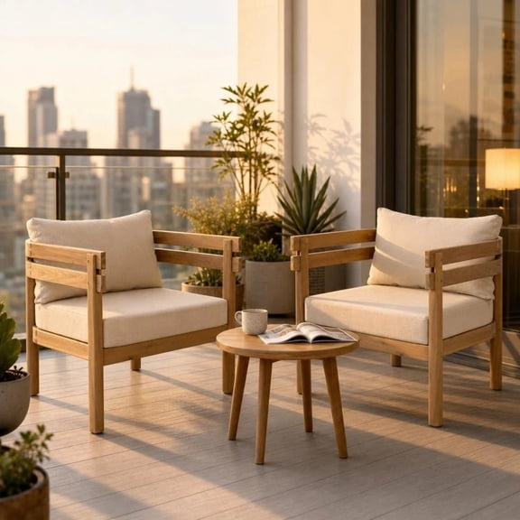 Jivora 27.56" Acacia Wood Outdoor Club Chairs Set of 2 with Beige Cushions, Patio Armchairs