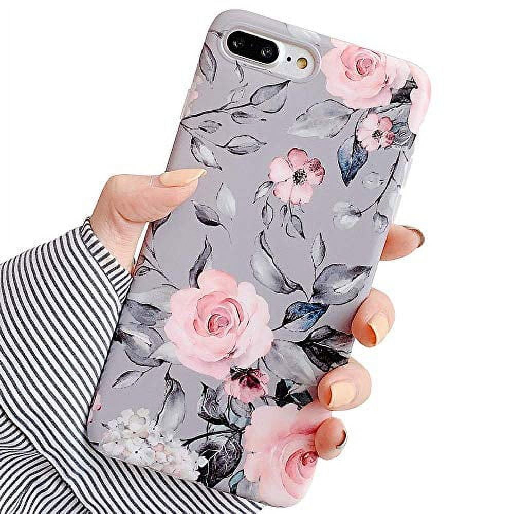 iPhone Plus Plus Case for Girls, YeLoveHaw Flexible Soft Slim Fit  Full-Around Protective Cute Phone Case Cover with Purple Floral and Gray