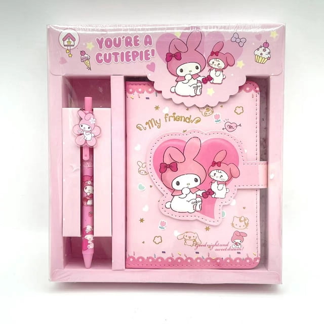 Anime-Sanrio papelería Kawaii Kuromi My Melody Bloc de notas, conjunto de cuaderno con bolígrafo, diario, cuaderno, página de Color de dibujos animados para estudiante