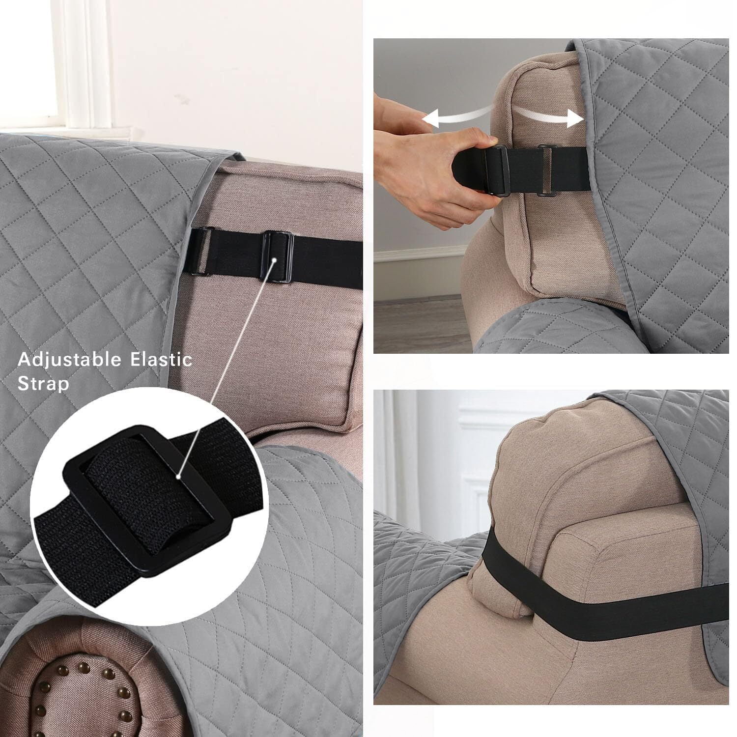 Rekopi Waterproof Couch Covers Non-Slip Sofa Cover with Elastic Straps Silicone Backing Washable Furniture Protector Slipcovers for Kids Pets Dogs Living (Gray, 46")