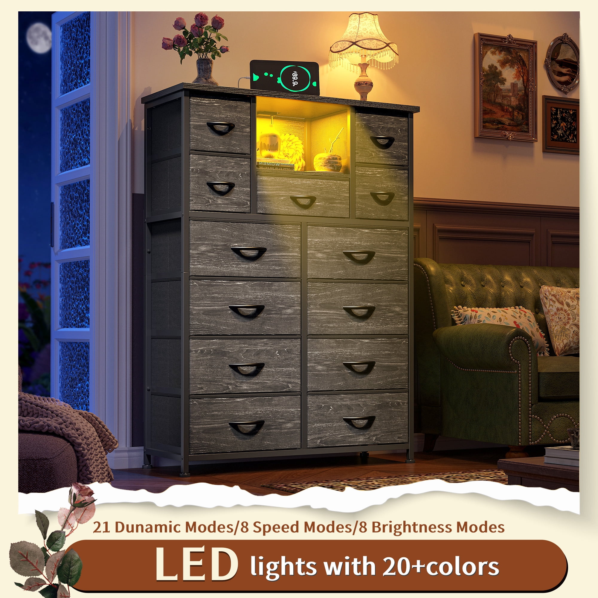Black Dresser for Bedroom with 13 Fabric Drawers Tall Dresser with LED Light & Charging Station, Rustic Brown