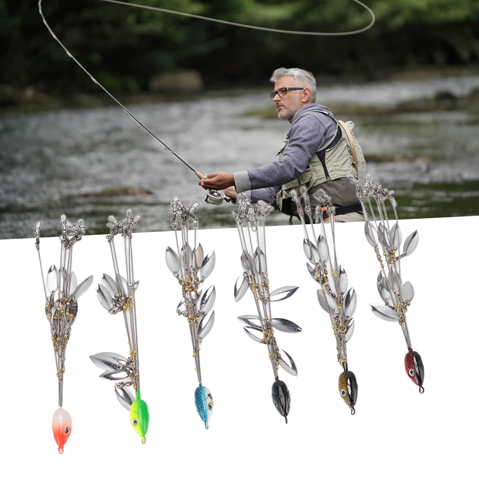 Riousery 6 Pcs Umbrella Rigs with Sequin Fishing Lures, 5 Arms 8 Blades Bass Bait Rig Set for Freshwater & Saltwater Fishing (8.27 inches / 21 cm)