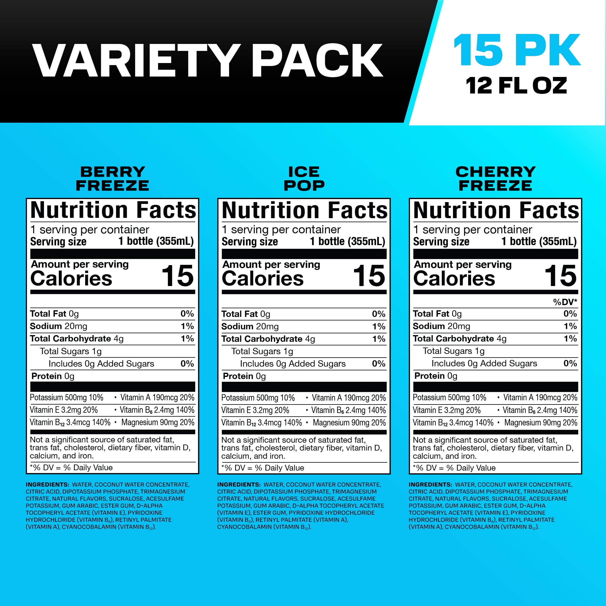 Prime Hydration Sports Drink, Ice Pop, Cherry Freeze, Berry Freeze, 12 fl oz, 15 Pack, Bottles