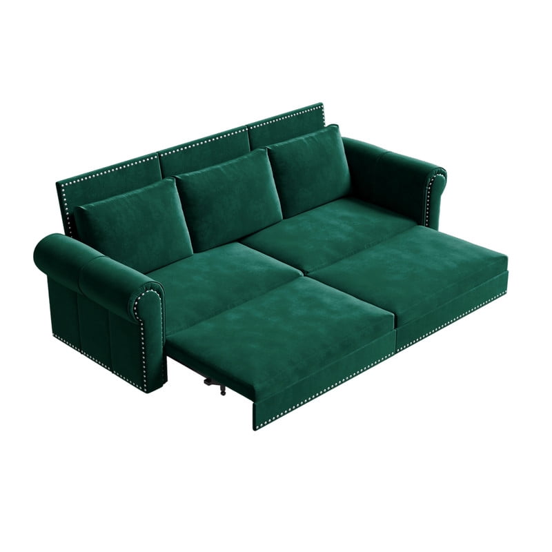 3-in-1 Velvet Convertible Sleeper Bed, 93.7" Chesterfield Sofa, King Size Pull Out Sofa Bed with Nailhead Trim & Rolled Arms, , Multi-Functional Futon Bed for Living Room, Bedroom, Apartment