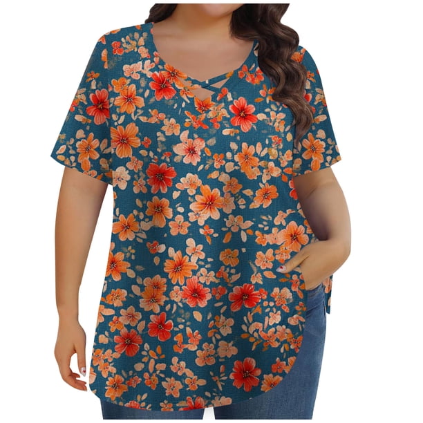 Tops de Manga Corta de Tamaño Más de las Mujeres, Blusas de Cuello en V Impresas de Verano de Moda para Uso Casual, Diario Y de Fiesta
