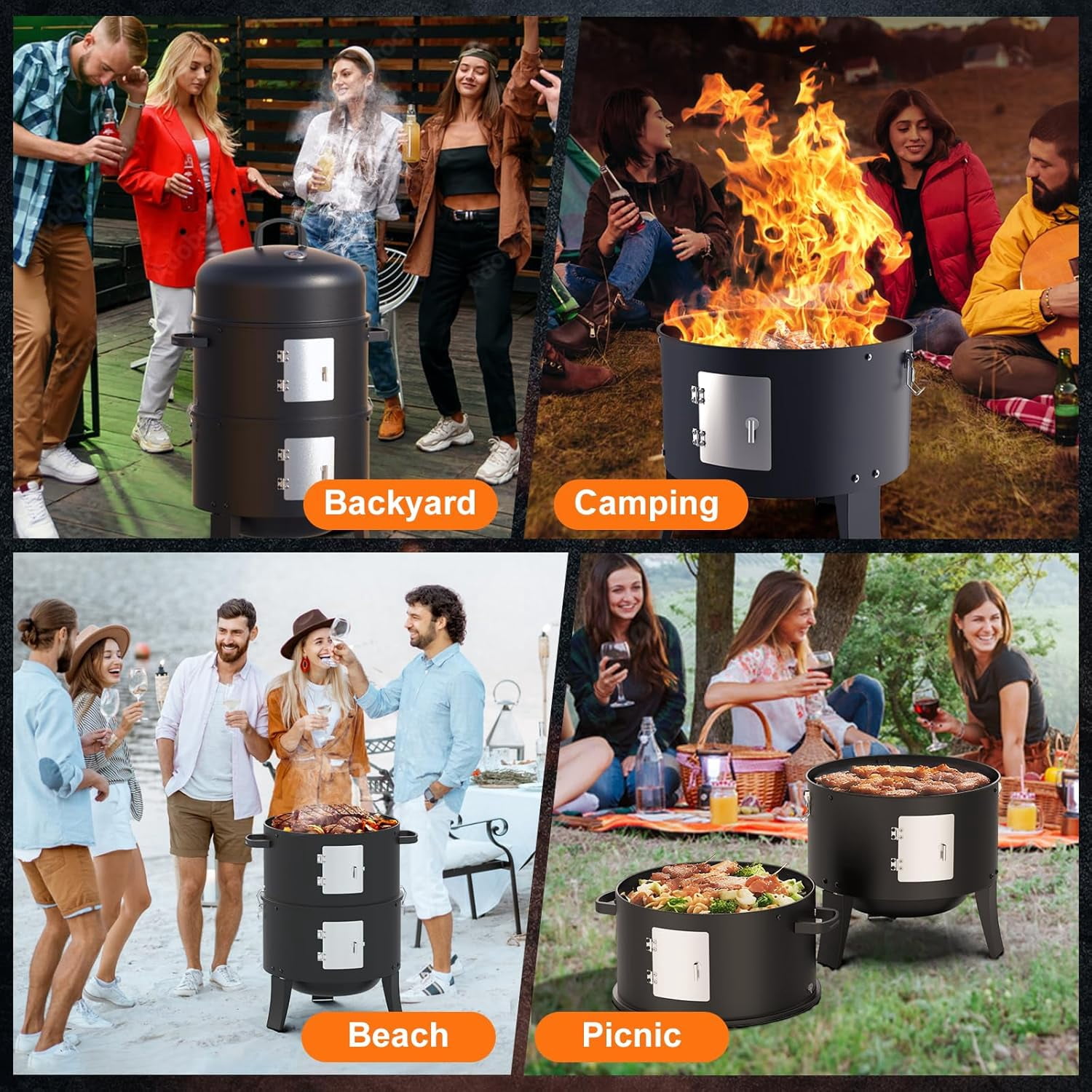 16" Charcoal Smoker, 3 in 1 Heavy Duty Vertical Barbecue Grill, Outdoor Fire Pit 402 Square Inches Cooking Area, Versatile Outdoor Smoker Grill, Black