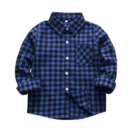 

EHTMSAK Infant Baby Boy Cotton Plaid Shirts Toddler Child High Neck Long Sleeve Button Up Jackets Fall Winter Pockets Outerwear Blue 120