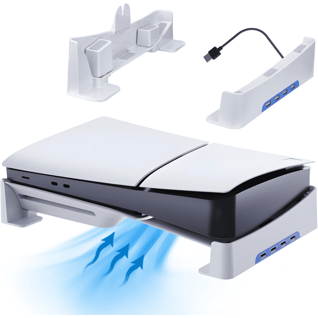 Soporte horizontal para consolas PS5 Slim y PS5 Pro, base para accesorios PS5 Slim/Pro con 4 puertos USB, soporte lateral de diseño compacto compatible con PS5 Slim, Pro Disc y Digital Edition