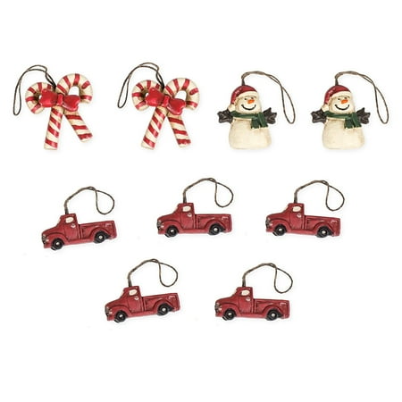 - Set of 9 Primitive Christmas Ornaments, Red Trucks, Candy Canes, & Snowmen