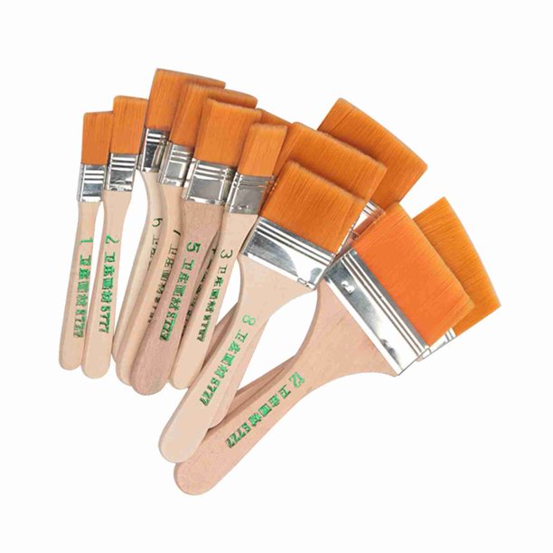 Aceite de 12 piezas / set de nylon plano para el Cabello de madera de madera pinta al aceite de Pincel de pinintura de Barbacoa Suministros de Arte
