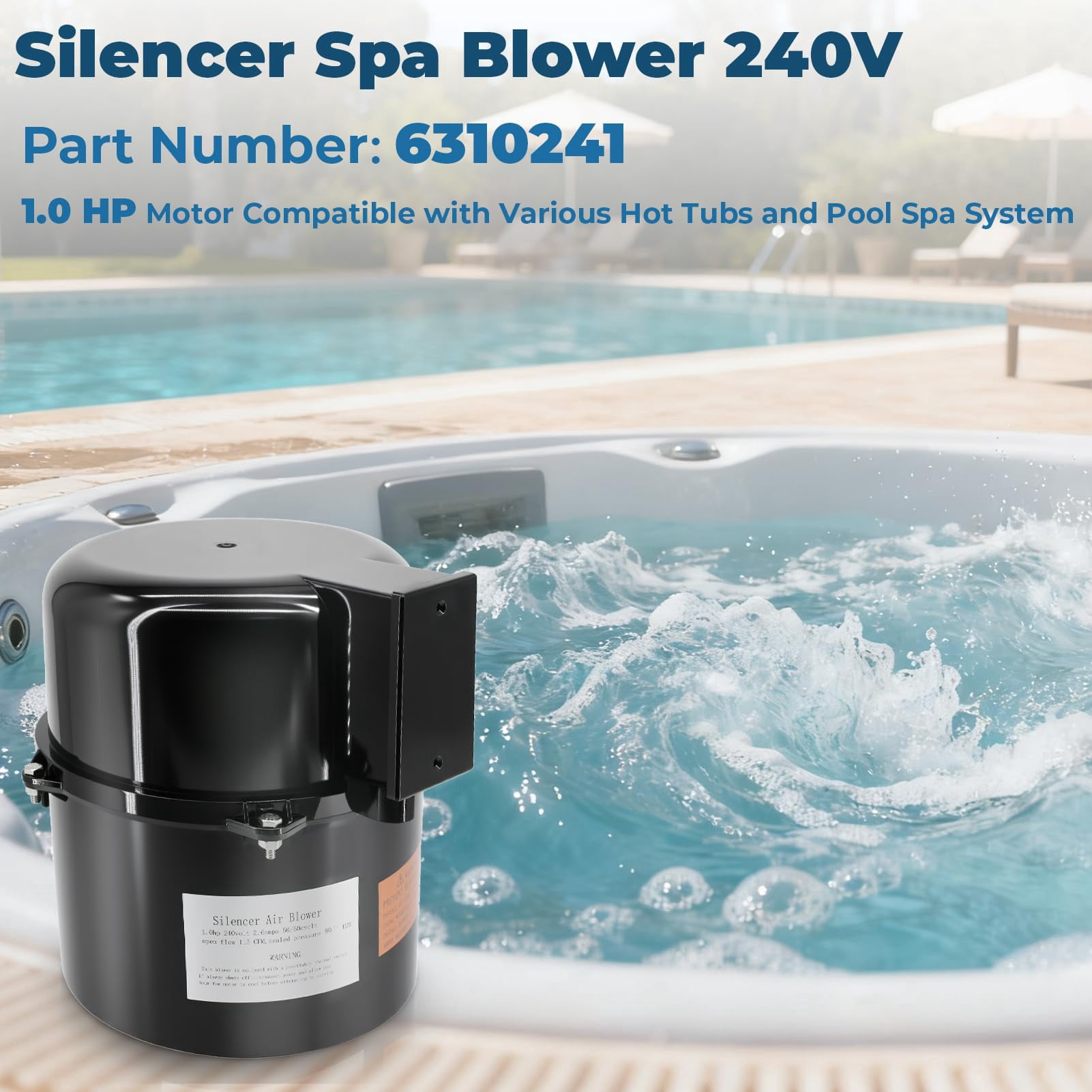 6310241 Silencer Spa Blower 1 HP 240 Volt 2.6 Amps Replacement for Air Supply, for use with 2 inch Plumbing, Quiet and Shock-Absorbing, Easy Installation, for Pool Hot Tub & Spa