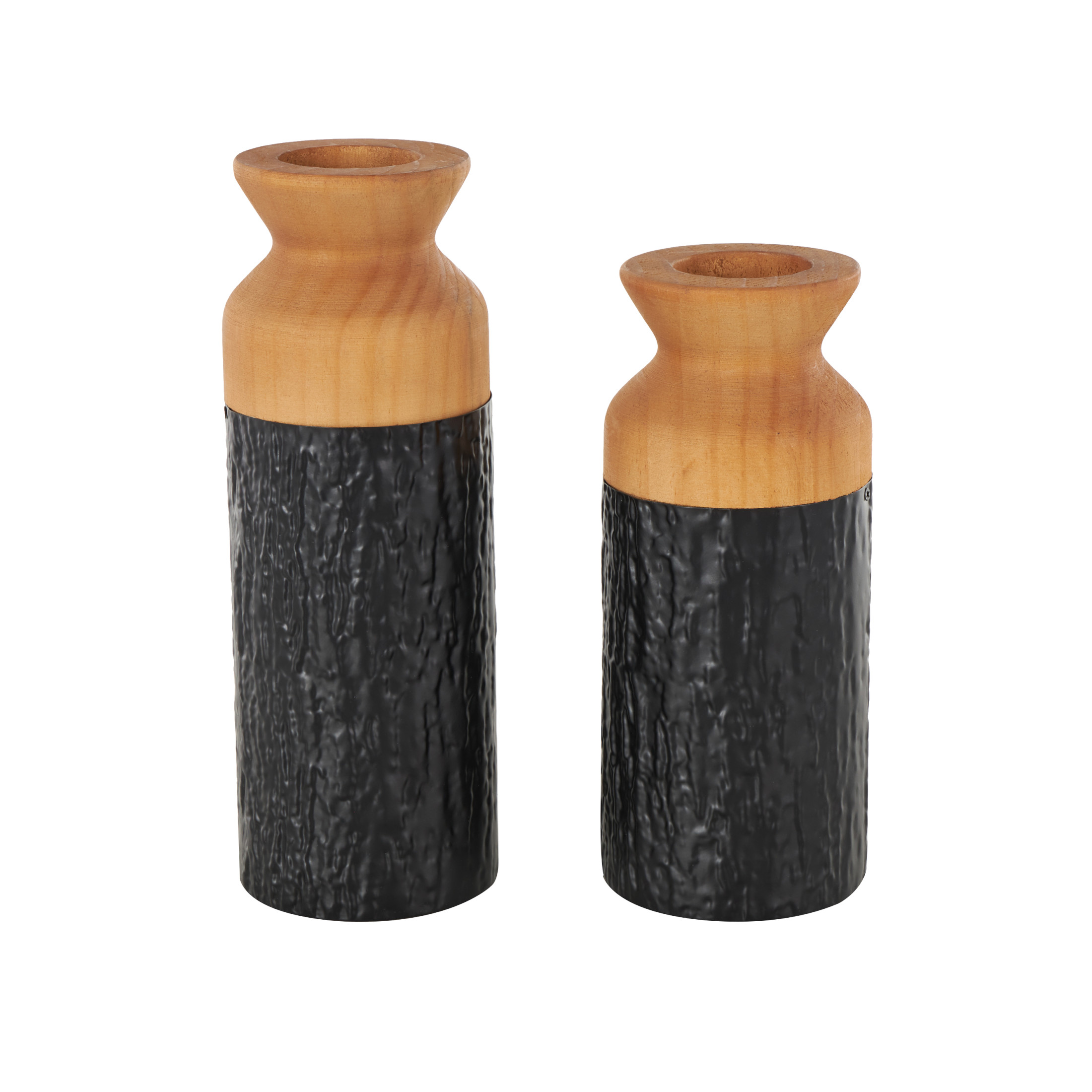 DecMode 11", 10"H Abstract Textured Color Block Black Metal Vase with Brown Wood Tops, Set of 2