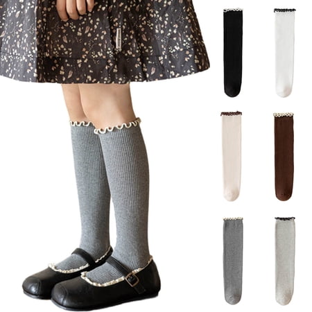 ZQUUVOU Girls Ruffle Knee High Socks Breathable Cotton School Uniform Dress Scallop Princess Socks Seamless Stocking Coffee